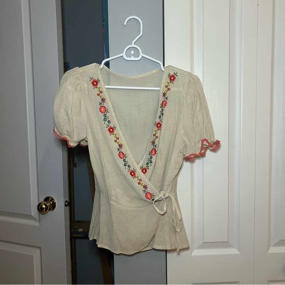 Embroidered Cream Wrap Top